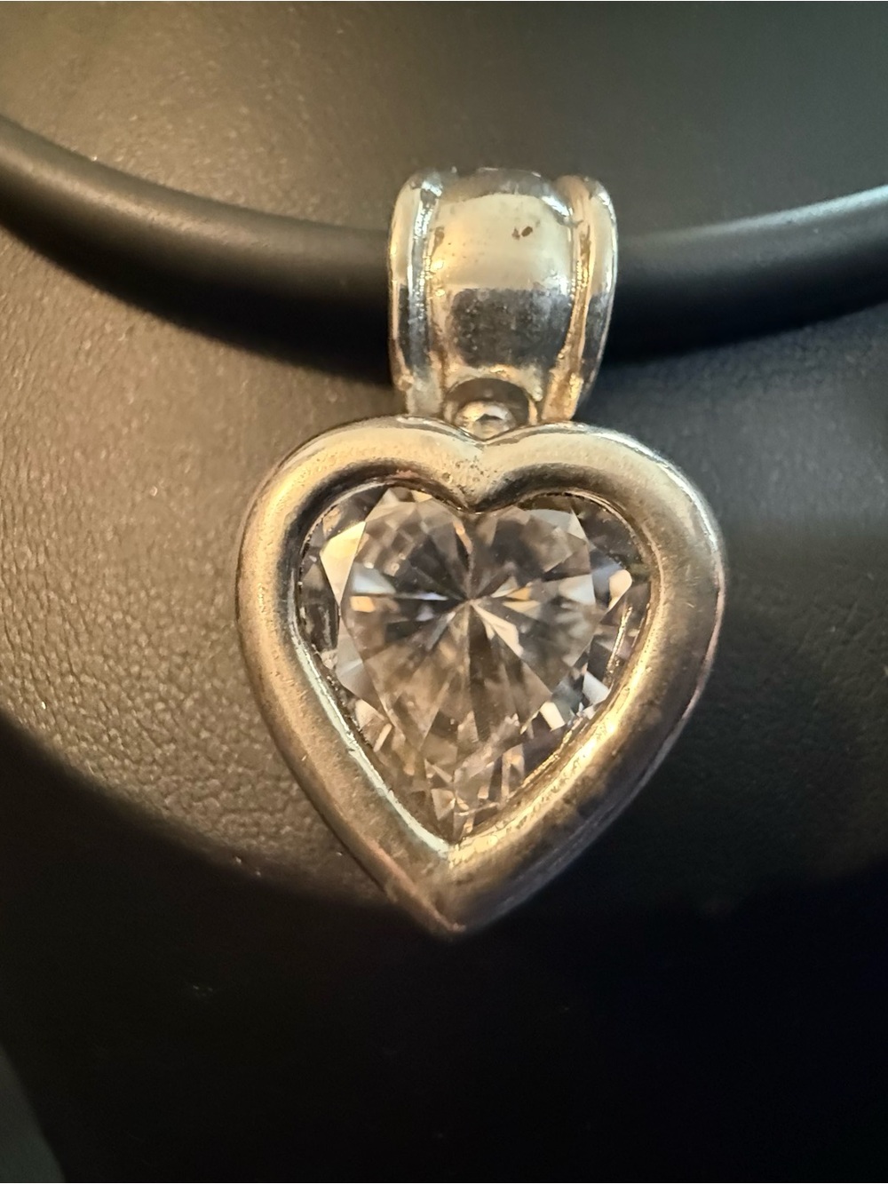 Sterling Silver Heart Pendant with Clear Crystal on Black Leather Snap Necklace
